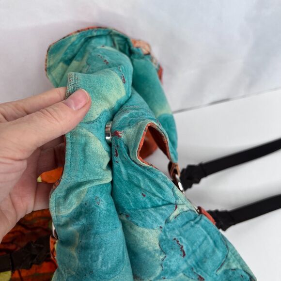 Multi Print Cloth Boho Hobo Handbag Tote Snap Top Leather Handles - Picture 7 of 8